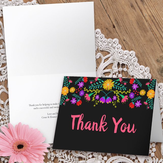 Gracias Fiesta Mexicana Flores Tarjeta plegada neg (Thank You card for quinceanera  or other special event from my Mexican Fiesta Floral collection)