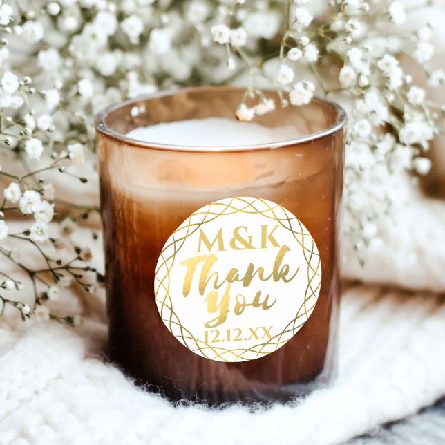 Gracias Pegatina de Boda en Monograma de Oro (Just add your initials and special date this these fancy faux foil stickers.)