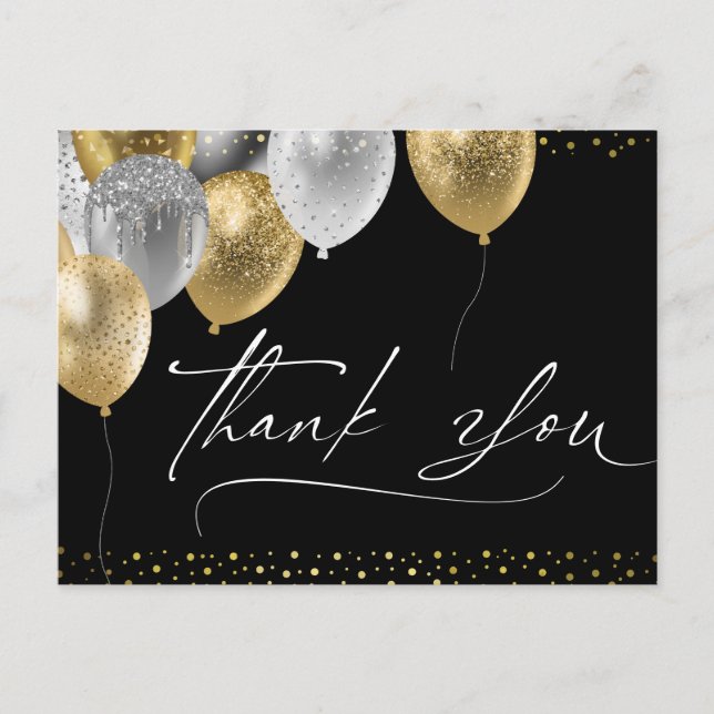 Gracias postal elegante de color negro y oro (Anverso)