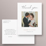 Gracias Postales para invitados Bodas y regalos<br><div class="desc">Este sencillo boda de fotos de moda gracias a la plantilla de postcard presenta un diseño moderno y nítido. Hemos escogido un guión moderno y elegante para "agradecerte" en el frente. Esta parte del diseño no puede ser alterada. Pero puede cambiar el color y el tipo de letra de cualquier...</div>