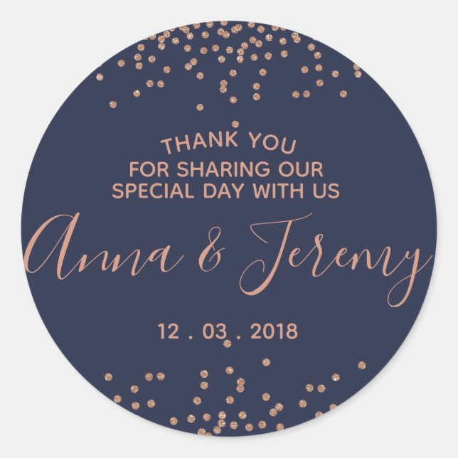 Gracias Rosa Oro y Pegatina de Confetti Azul de la (Anverso)