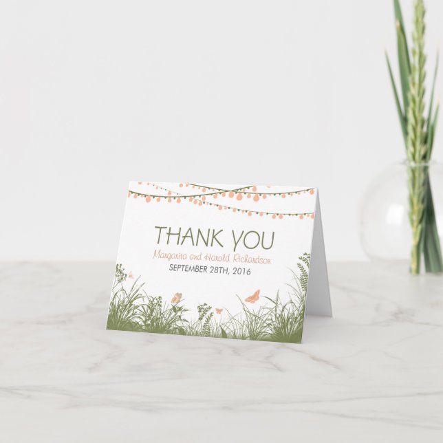 Gracias tarjeta de boda con flores y luces salvaje (Anverso)