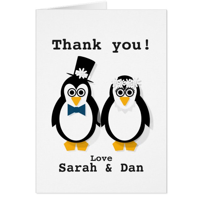 "¡Gracias!" Tarjeta de Boda Penguin personalizable (Frente)