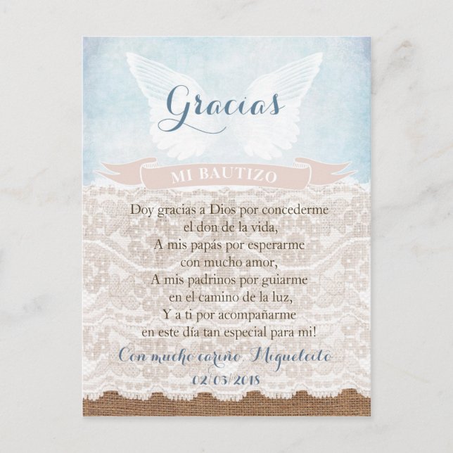 Gracias tarjeta de oración en español, bautismo de (Anverso)
