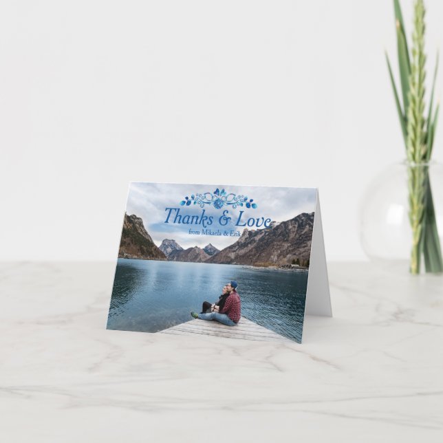 Gracias Tarjeta Floral Azul Diseño por Foto (Anverso)