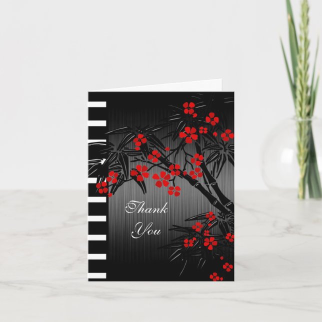 Gracias Tarjeta Floral Roja Asiática Bambú Negro (Anverso)
