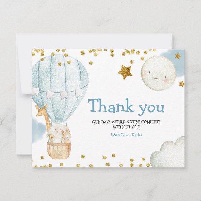 Gracias tarjeta Hot Air Balloon Animals Baby Showe (Anverso)