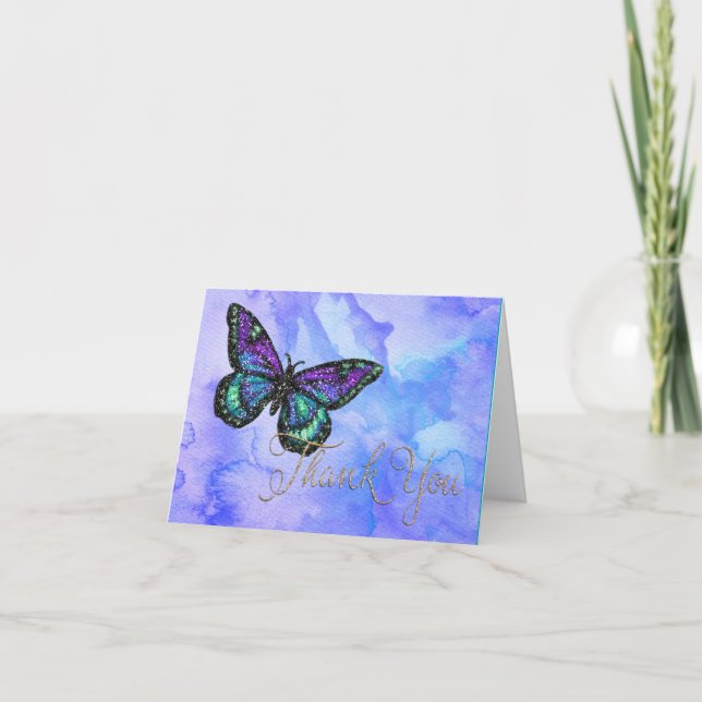 Gracias tarjeta mariposa morada y azul pintada (Anverso)