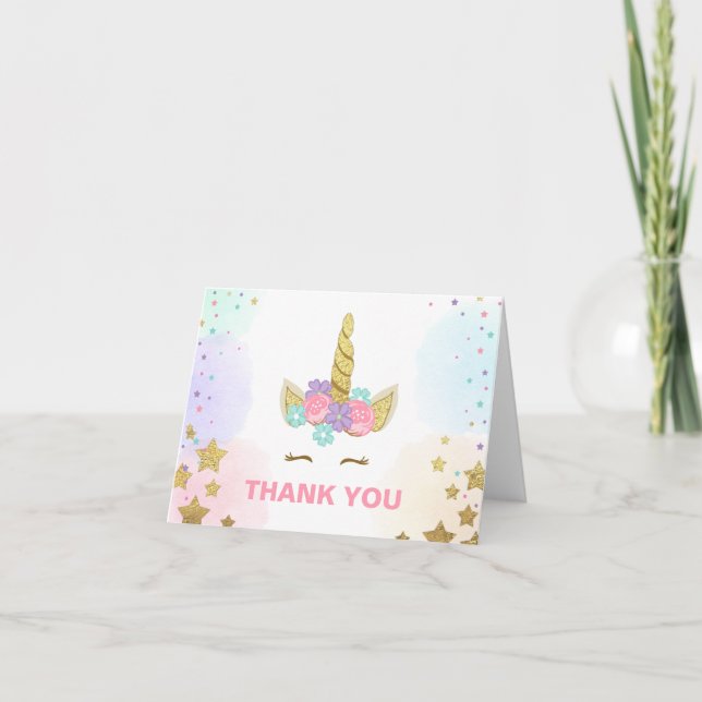 Gracias tarjeta Unicorn Gold Pink Chica Whimsical (Anverso)