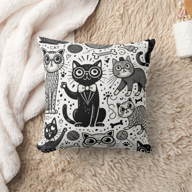 Graciosa almohada de patrón gato blanco y negro (Manta)