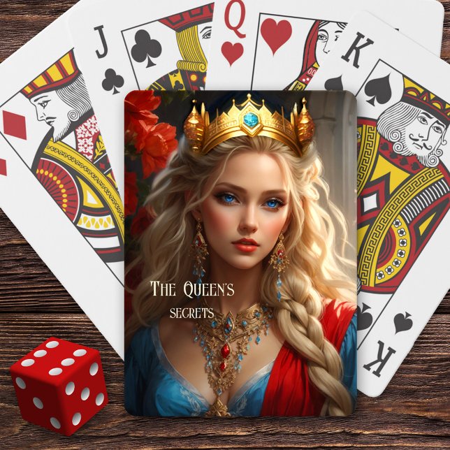 Graciosa cubierta mágica de cartas de juego de Que (Funny deck of playing cards showing an image of a queen with secrets in an artistic medieval outfit)