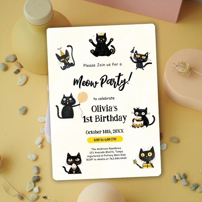 Graciosa invitación a fiesta de cumpleaños de Blac (Funny Black Kitty 1st Birthday Party Invitation)