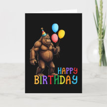 Graciosa tarjeta de cumpleaños BigFoot con globos