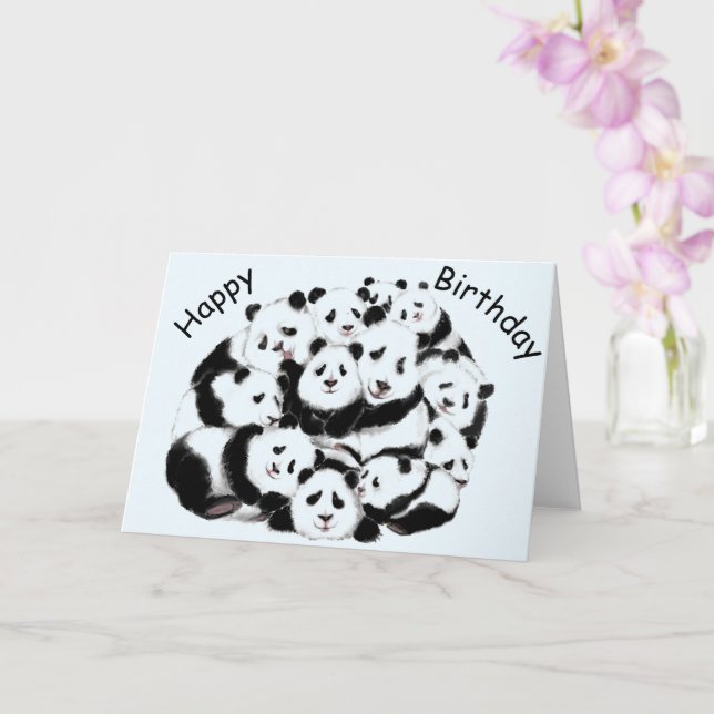 Graciosa tarjeta de cumpleaños con Pandas felices (Orquídea)