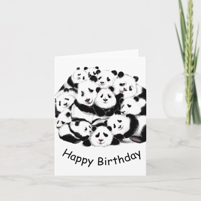 Graciosa tarjeta de cumpleaños con Pandas felices (Anverso)