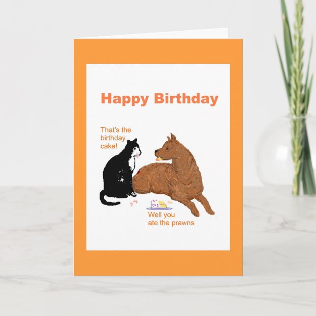 Graciosa tarjeta de cumpleaños con perro y gato. (Anverso)