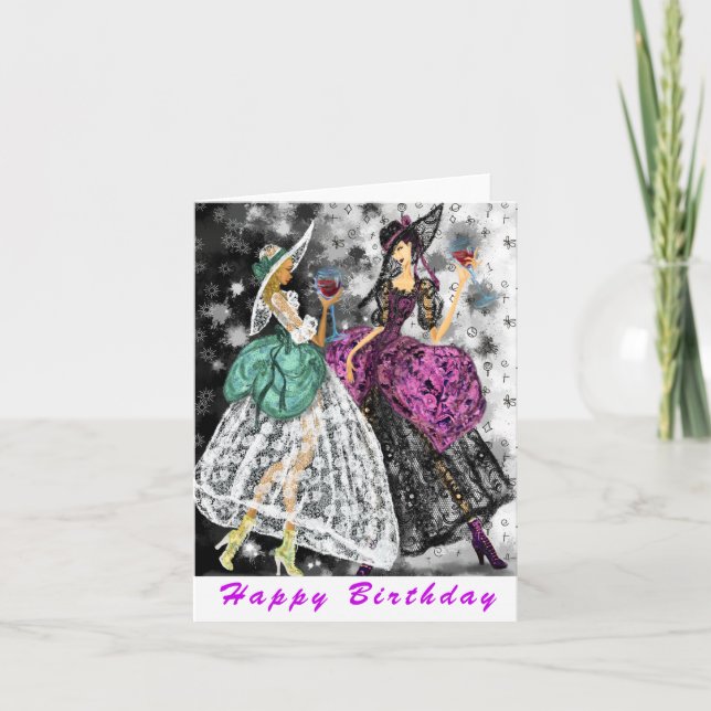 Graciosa Tarjeta de Cumpleaños Damas Beber Vino -  (Anverso)