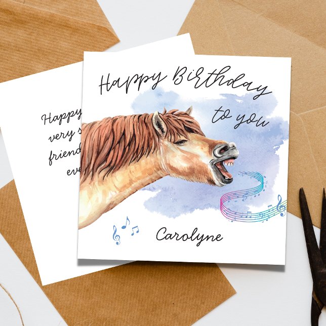 Graciosa tarjeta de cumpleaños feliz con nombre (Funny Horse singing Happy Birthday, Card with Name)