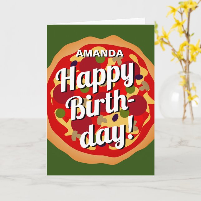 Graciosa tarjeta de cumpleaños feliz con pizza de  (flor amarilla)