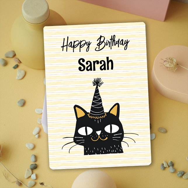 Graciosa tarjeta de cumpleaños feliz para gato neg (Funny Cute Black Cat Happy Birthday Card)