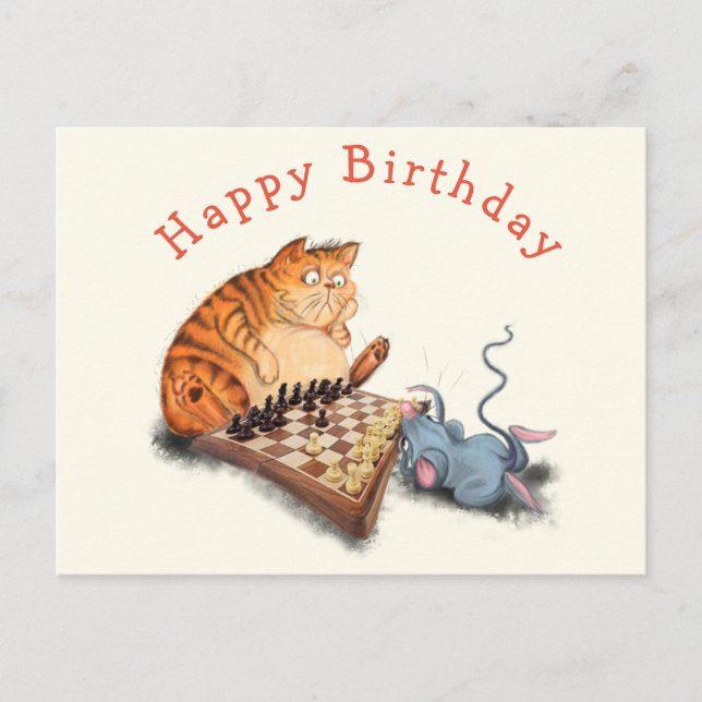 Graciosa tarjeta de cumpleaños gato y ratón jugand (Anverso)