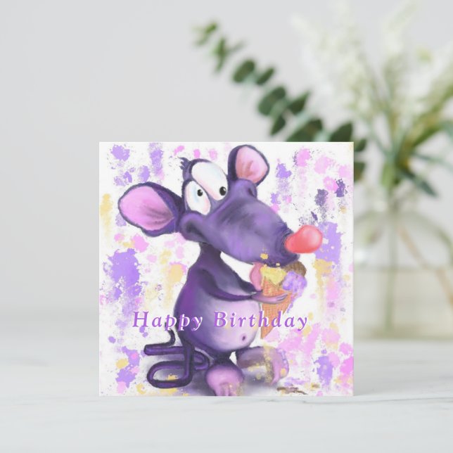Graciosa tarjeta de cumpleaños Happy Mouse come he (Anverso de pie)