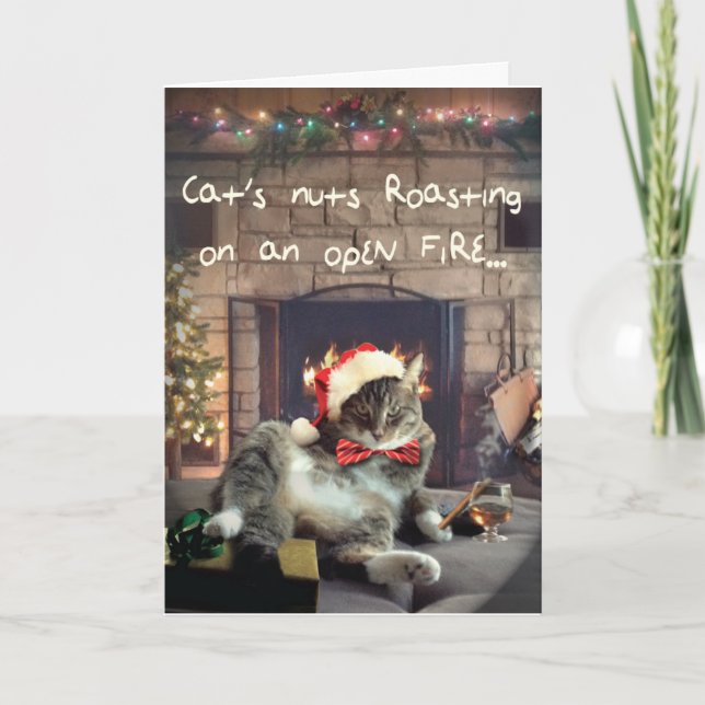 Graciosa tarjeta de gato navideño, nueces de gato  (Anverso)