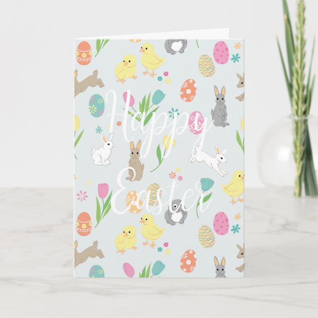 Graciosa tarjeta de Pascua con conejitos y huevos (Anverso)