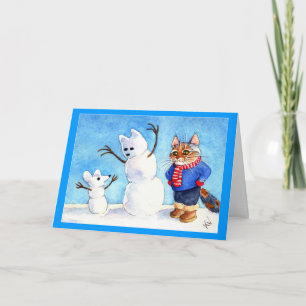 Graciosa tarjeta de snowman para gato vacacional