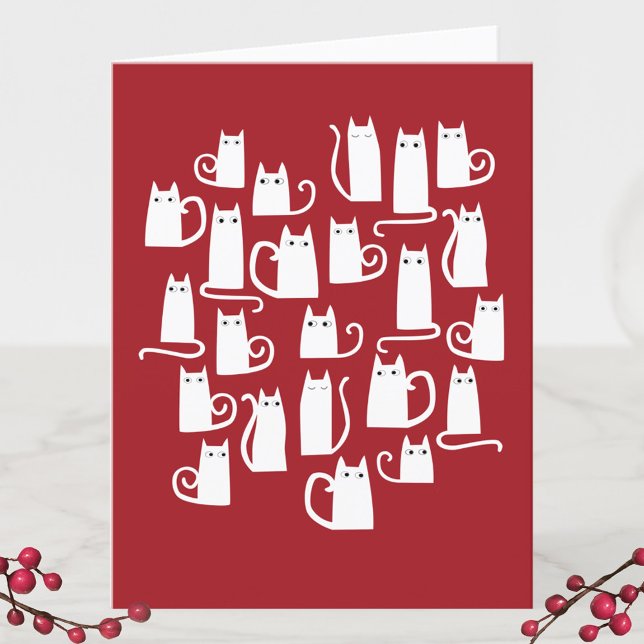 Graciosa tarjeta de vacaciones para Navidades gato (Red and white cat fun holiday card)