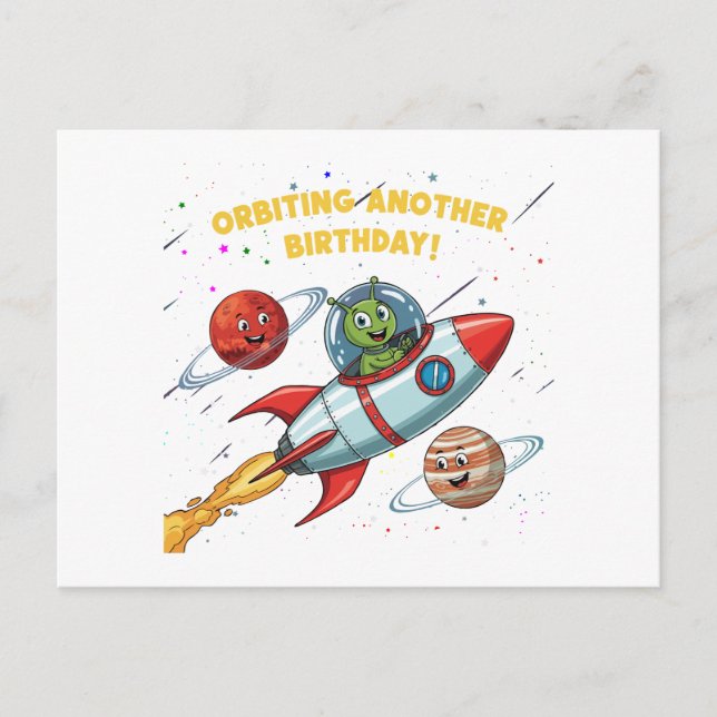 Graciosa tarjeta espacial "Orbiting Another Birday (Anverso)