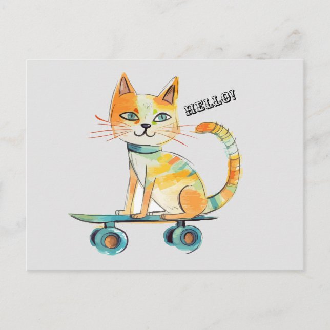 Graciosa tarjeta postal Tabby Cat Skateboarding (Anverso)