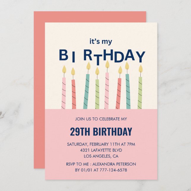 Graciosas invitaciones para el 29 cumpleaños Candl (Anverso / Reverso)