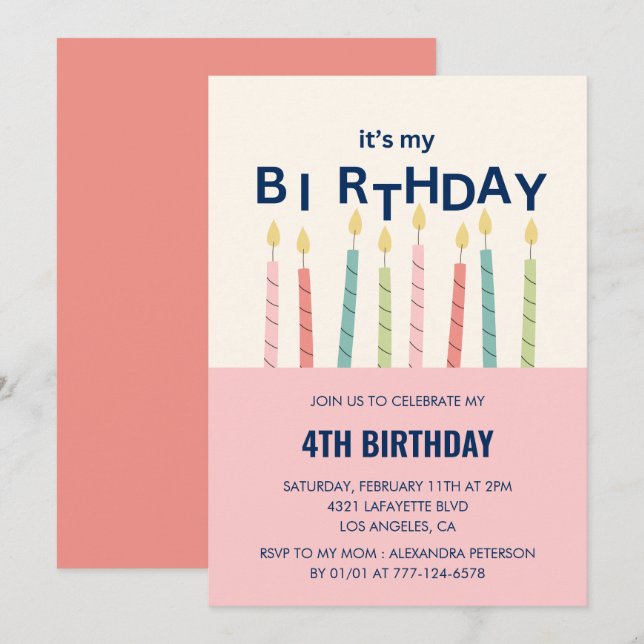 Graciosas invitaciones para el 4° cumpleaños Candl (Anverso / Reverso)