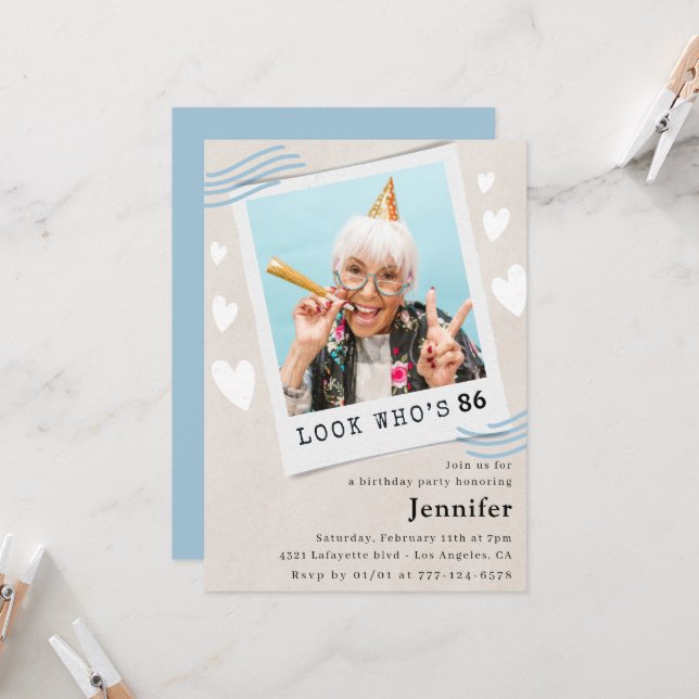 Graciosas invitaciones para el 86º cumpleaños Foto (Anverso/Reverso In Situ)