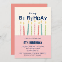 Graciosas invitaciones para el 9° cumpleaños Candl