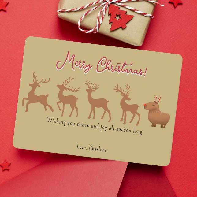 Graciosas tarjetas de Navidades de oro para renos  (Customize your greetings with our jolly capybara reindeer!)