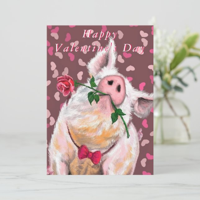 Gracioso cerdo feliz tarjeta de San Valentín (Anverso de pie)
