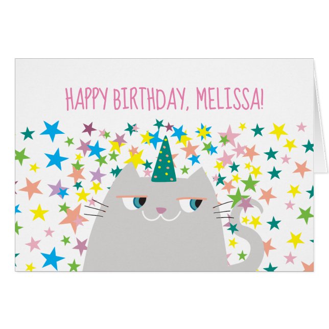 Gracioso cumpleaños feliz de Cat Unicorn (Anverso (Horizontal))