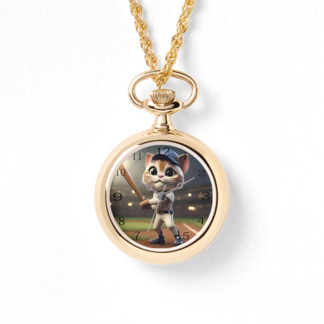 Gracioso gato de béisbol, reloj de collar de damas (Anverso)
