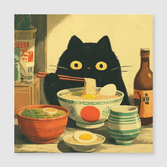 Gracioso gato negro comiendo Ramen (Anverso)