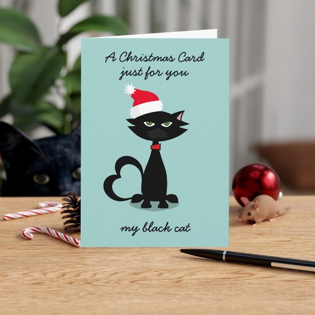 Gracioso gato negro con tarjeta de Navidades de Sa (If you send a Christmas card to your cat, can we be friends? I send one every year. Add your message)