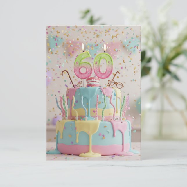 Gracioso pastel de cumpleaños 60 con tarjetas de v (Anverso de pie)
