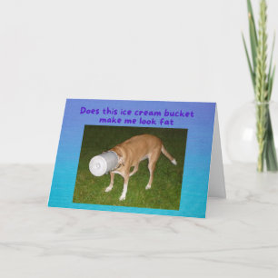 Gracioso perro de cumpleaños agarrado con tarjeta 