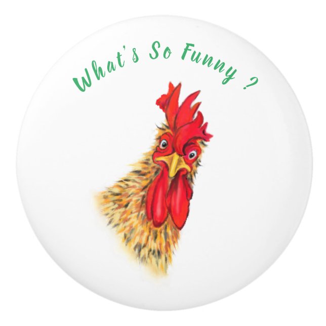 Gracioso pomo de cerámica con gallo sorprendido (Anverso)
