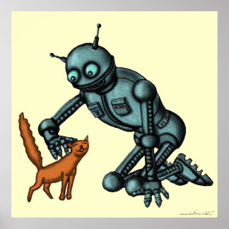 Gracioso poster de arte de robots y gatos