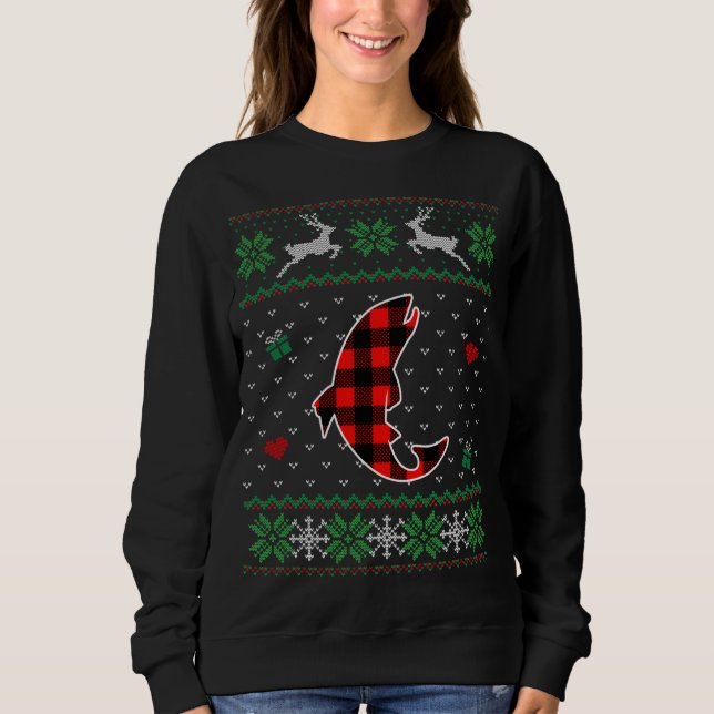 Gracioso Red Plaid Ugly Sweater Navidades Fish Ani (Anverso)
