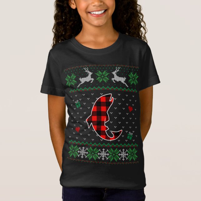 Gracioso Red Plaid Ugly Sweater Navidades Fish Ani (Anverso)