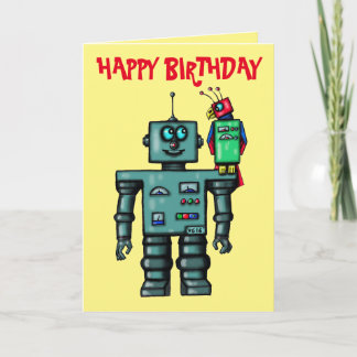 Gracioso robot lindo y loro feliz tarjeta de cumpl