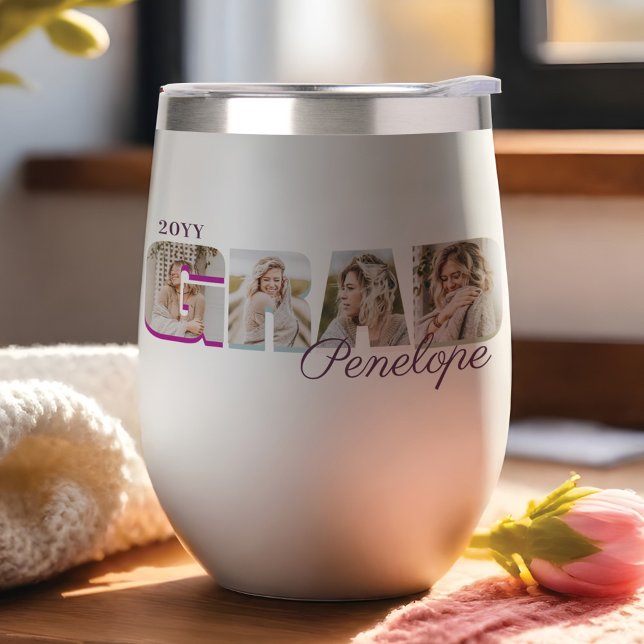 GRAD Negrita Tipo Graduado Cuatro Fotos Nombre Per (GRAD Bold Type Graduate Four Photos Custom Name Thermal Wine Tumbler)